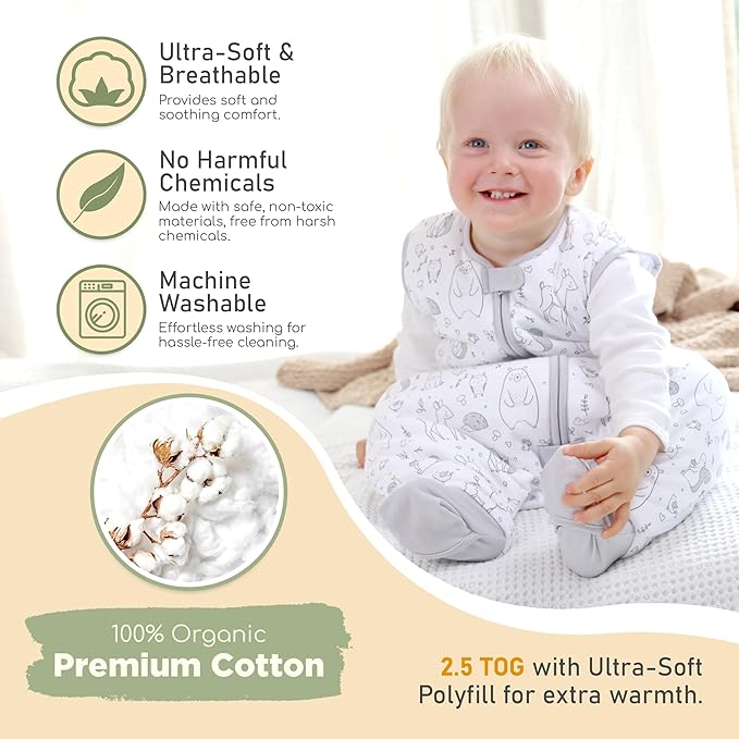 Mama Cheetah Toddler Sleep Sack with Feet, 2.5 TOG Organic Cotton Baby Sleeping Bag with Legs, Winter Baby Wearable Blankets for Early Walker 6-18 Month