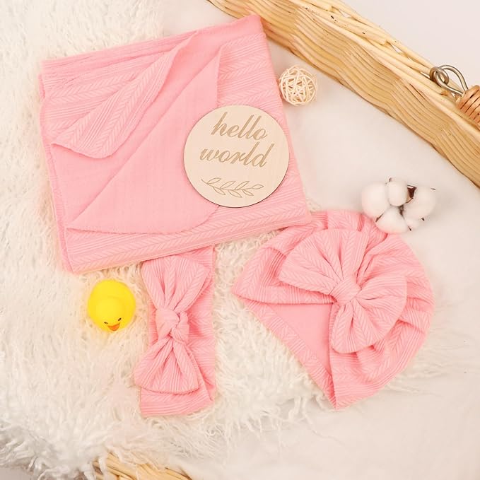 BQUBO Baby Swaddle Blankets for Girls, 4PCS Newborn Accessories Set with Hat and Bow Headband with Hello World Wooden Birth Announcement Card, Baby Blankets for Girls (Pink)