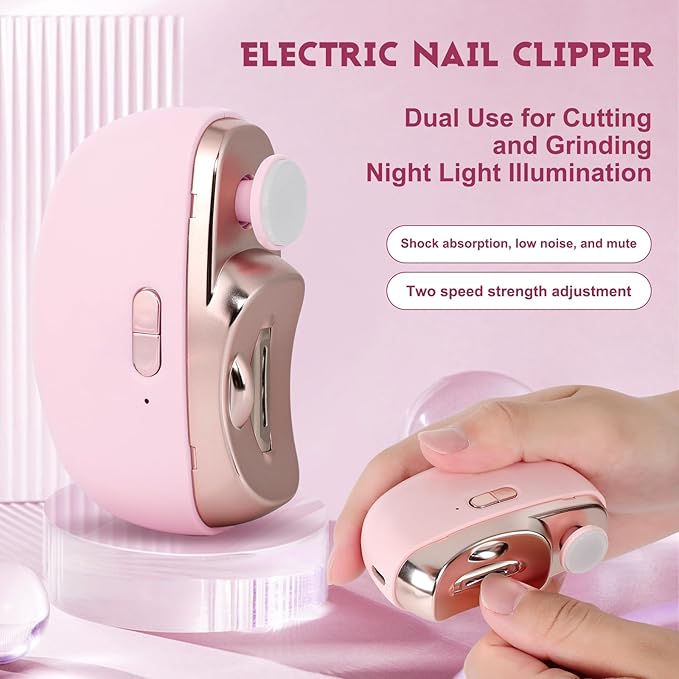 Automatic Nail Clipper Electric Nail Trimmer Polisher 3 in 1 Portable Fingernail Cutter with Light 2 Speeds File Nail Clip Storage Rechargeable Safety Trimmer for Seniors Adults Kids Baby (Pink)