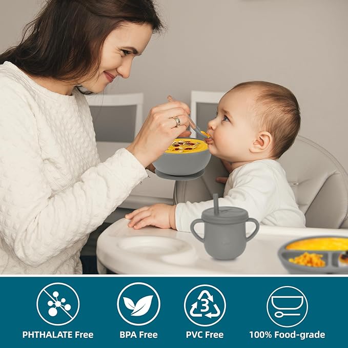 Dormlony 100% Silicone baby feeding set,BPA free Baby dishes set with Suction Bowl Divided Plate,Toddler Self Feeding Dish Set with Spoons Forks Sippy Cup And Bib, Baby Eating Utensils (Grey)