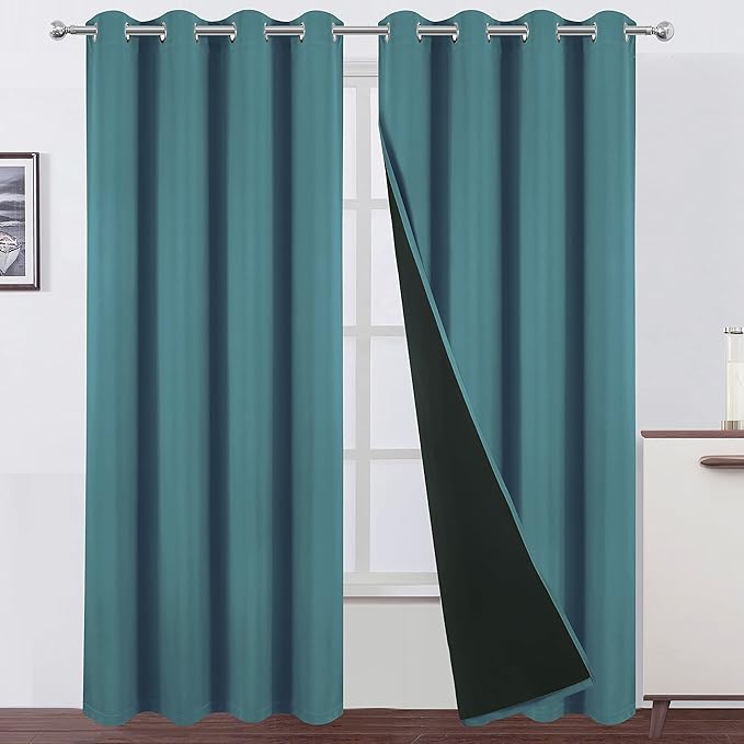 LEMOMO 100% Blackout Curtains 52 x 84 Inch/Sea Teal Curtains 2 Panels with Black Lining Room Darkening Thermal Insulated Bedroom Curtains