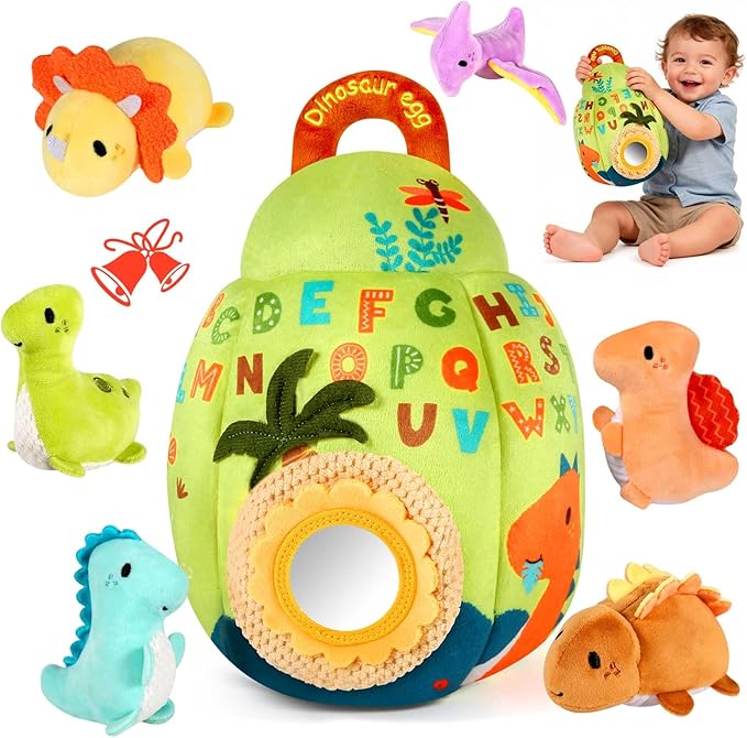 FREYBLI Baby Toys 6-12 Months - Soft Dinosaur Toy with Rattle, Crinkle Paper, Squeaker, Mirror - Baby Sensory Montessori Toys for 6 Month Old Developmental, 1 Year Old Boy Girl Gifts Toys