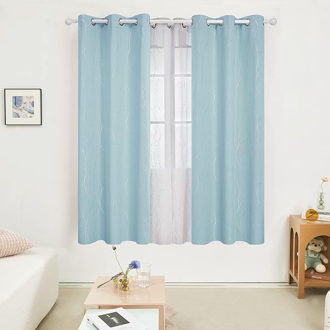 Deconovo Blackout Curtains, Thermal Insulated Soundproof Grommet Drapes, Wave Dot Foil Print, 42 x 72 Inch, Set of 2, Machine Washable Window Panel for Bedroom Living Room Nursery Kitchen, Light Blue