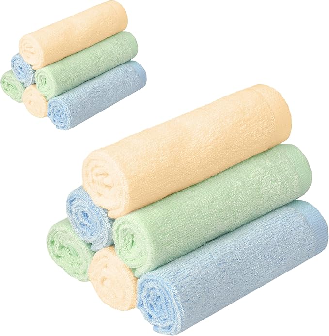 12 Pack Baby Boy Washcloths Bulk for Newborn, Extra Soft Face Bath Towel for Toddler, Absorbent Kids Wash Rag for Body, 70% Rayon Derived from Bamboo, 30% Cotton, 10"x10", Blue/Green/Yellow