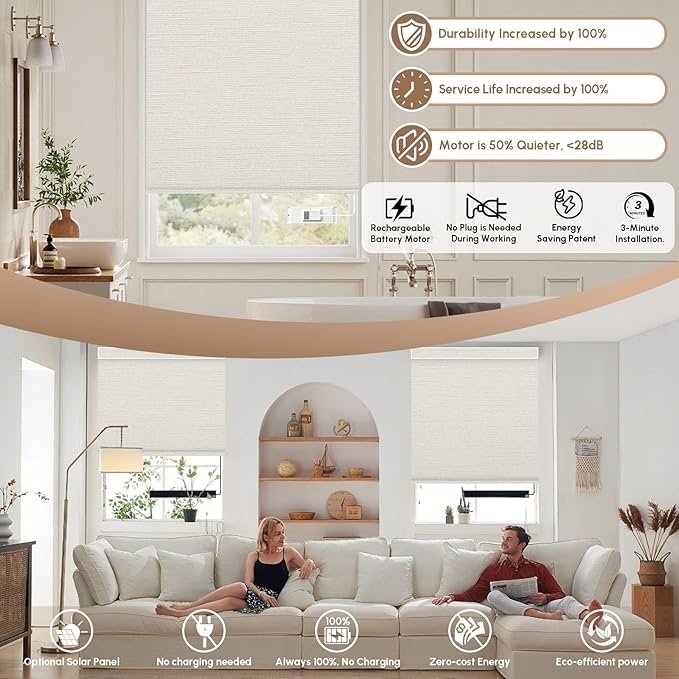 Kincmo No Drill Motorized Blinds with Remote, 100% Blackout Roller Shades for Windows, Custom Electric Blinds Compatible with Alexa, Apple Homekit, Google Home (100% Blackout Elegant Cream)
