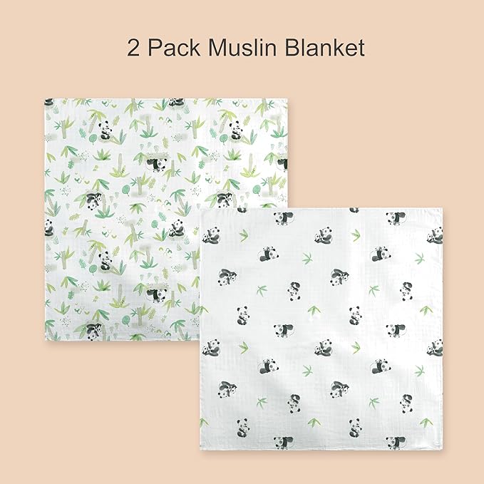 2-Pack Baby Swaddle Blankets, Soft & Breathable Muslin Swaddle for Newborns, 47 x 47 Inches, Unisex, Panda Prints