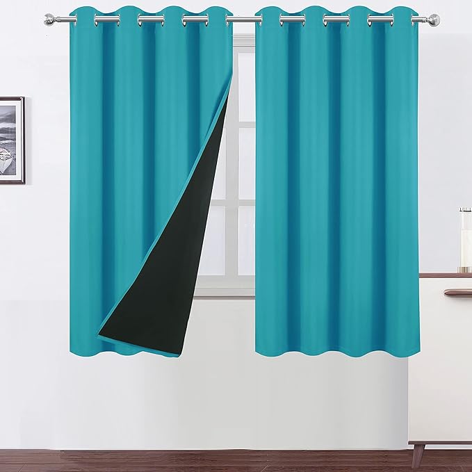 LEMOMO 100% Blackout Curtains 52 x 63 Inch/Teal Curtains 2 Panels with Black Lining Room Darkening Thermal Insulated Bedroom Curtains