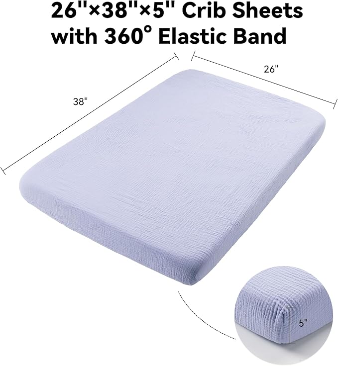 TILLYOU Muslin Mini Crib Sheets 2 Pack, Pack and Play Mattress Sheets Fitted for Pack N Play, 38 x 26 Sheet for Toddler, Grey and Blue