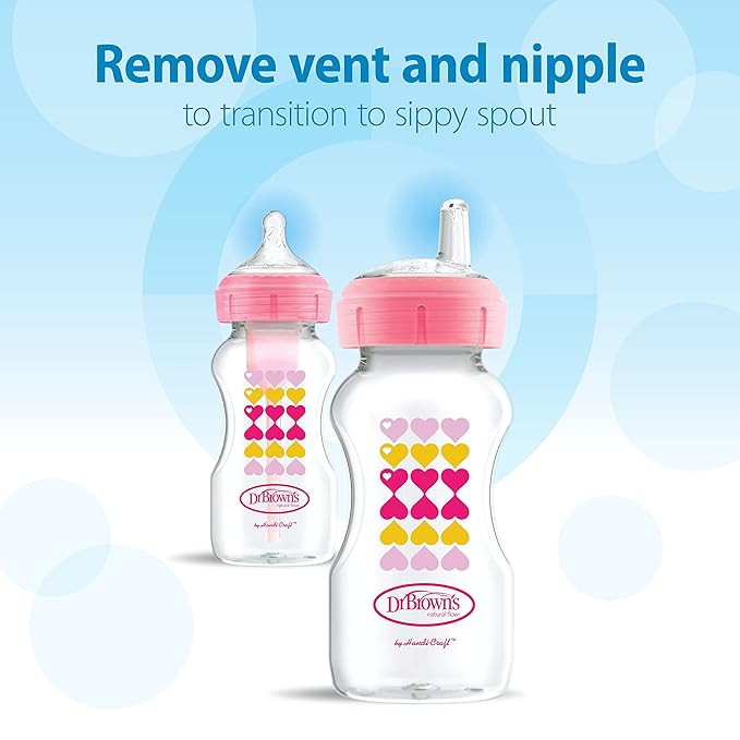 Dr. Brown’s Anti-Colic Options+ Wide-Neck Sippy Bottle Starter Kit, 9oz/270mL, with Level 3 Medium-Fast Flow Nipple and Soft 100% Silicone Sippy Spout, Pink, BPA Free, 6m+
