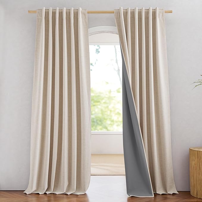 NICETOWN 100% Blackout Cream Linen Bedroom Curtains 95" Length with Thermal Insulated Liners, Farmhouse Style Room Cooling Window Treatments for Living Room, Home Office (2 Panels, 52" W)