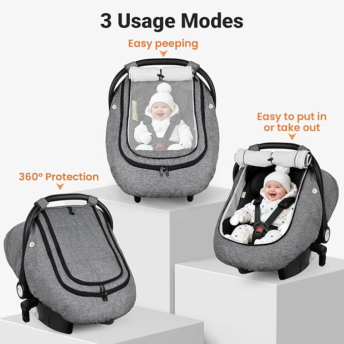 Rquite Car Seat Cover Baby, Carseat Covers Boy Girl, 2 Layers Window -Breathable Mesh & Wind/Sun Shade, Infant Car Seat Canopy Baby Carrier/Stroller Cover, Fit Spring, Fall, Winter, Cold Weather