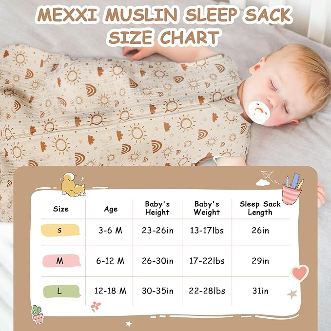 MEXXI Baby Sleep Sack 12-18 Months 1.0 TOG, 2 Pack Muslin Wearable Blanket, Baby Sleeping Bag with 2-Way Zipper for Babies Unisex