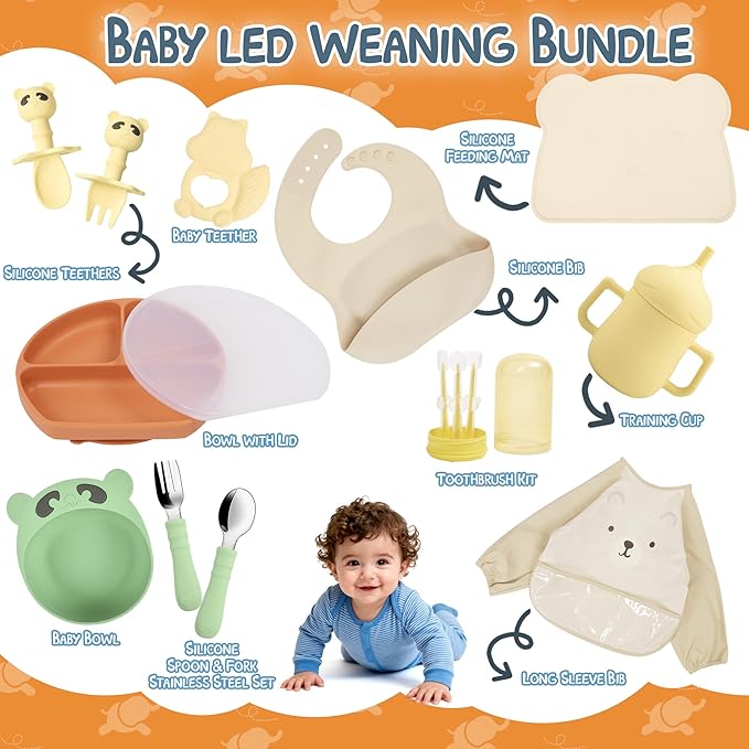 Baby Utensils Set–Infant Feeding Essentials&Baby Plate Set–Deluxe Silicone Feeding Mat,Long Sleeve Bibs,Training Cup,Spoon&Fork,Stainless Steel Set,Teethers,Toothbrush Kit – in Gift Box for Newborns