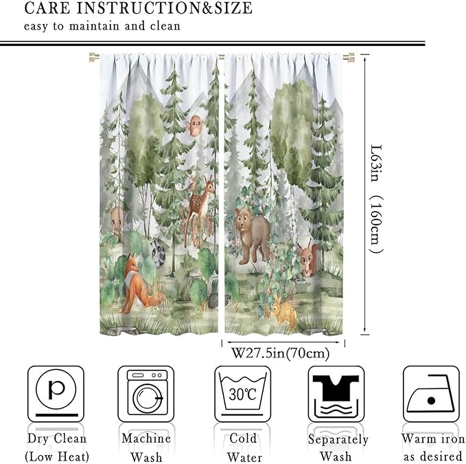 Kids Forest Animal Curtains,Fox Elk Bird Animal Watercolor Woodland Print Curtains Kids Nursery Bedroom Living Room Home Decoration 55x63 Inch