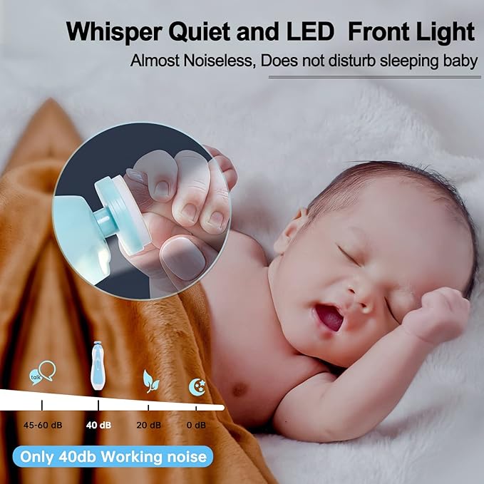 Baby Nail Trimmer Electric, Low Noise Newborn Safe Nail Clipper Kit with Light and Replaceable 6 Grinding Heads, Hand-Holding Care Polish and Trim for Infant Toddler Adults Toes Fingernails, Blue