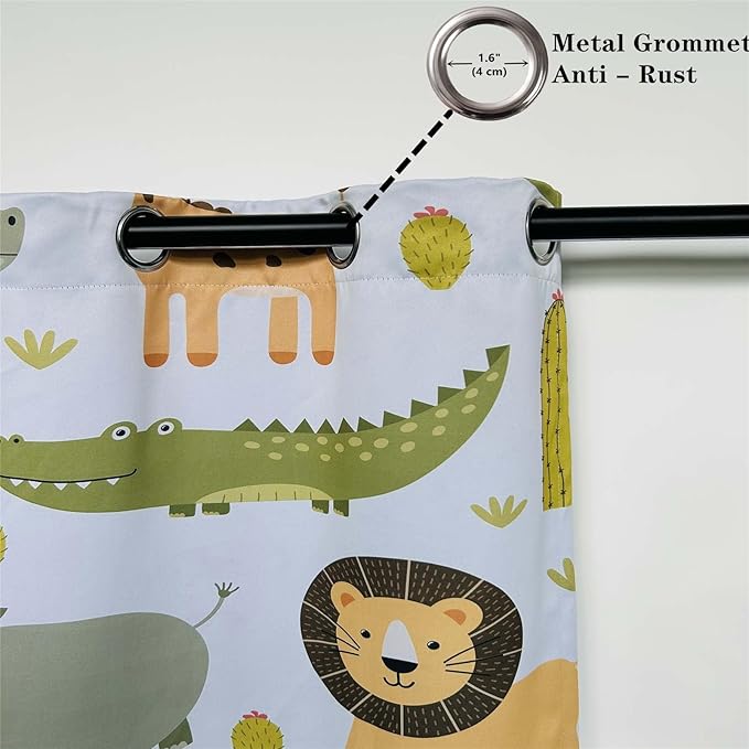 Animal Curtains W52 x L84 Inch Grommet Thermal Insulated Blackout Window Drapes Safari Hippo Crocodile Lion Elephant Giraffe Woodland Zoo Pattern for Kids Boys Girls Nursery Bedroom 2 Panels