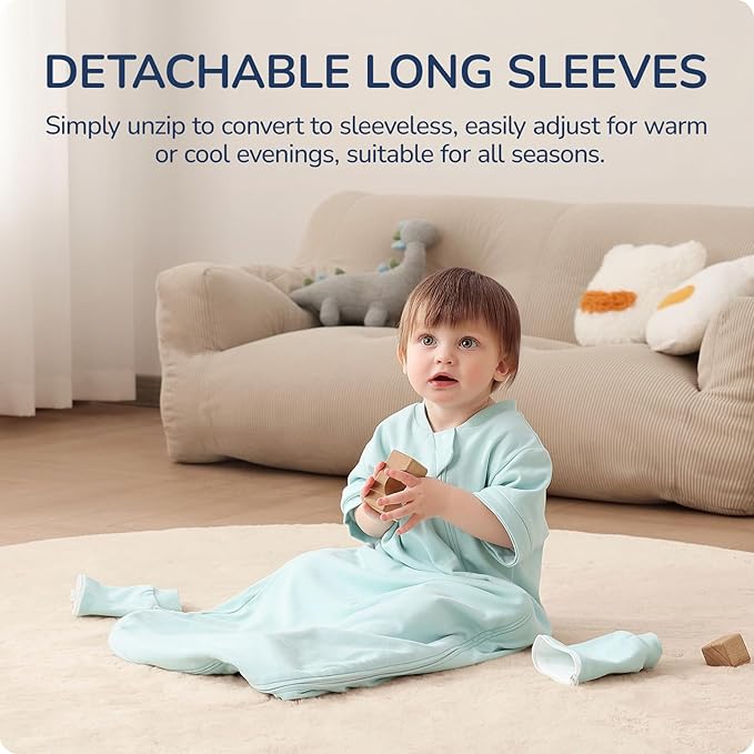 Baby Sleep Sack 18–24 Months, Cotton Sleep Sack with Detachable Long Sleeves, 1.0 TOG Wearable Blanket for Cooler Nights, 2-Way Zipper Toddler Sleeping Sack with Temperature Strip, Sage