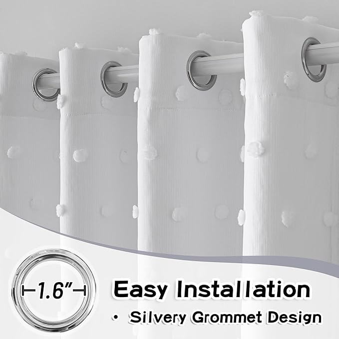 MYSKY HOME 90 Inches Long White Curtains with White Pom Pom Sheer for Living Room Nursery Curtain Girl Kids Bedroom Double Layer Light Filtering Window Panels for Toddler Grommet, 52" Wide, 2 Pieces