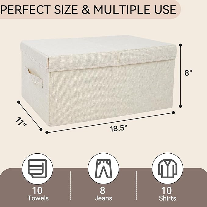 Large Fabric Storage Boxes with Lid,Foldable Closet Organizers and Storage,2 Pack Storage Bins for Shelves,Toys,Sheets,Clothes 18"×11"×8" Beige