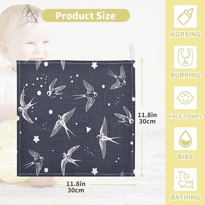 vvfelixl Swallow Bird Baby Burp Cloths Baby Muslin Washcloths for Boys Girls Cotton Baby Face Towel for Newborn Infants Soft and Absorbent 11.8 X 11.8 in, 5 Pack