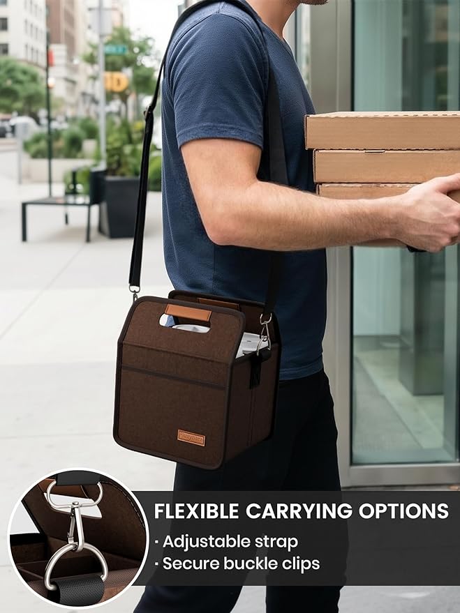 Fluxynara 4-Cup Reusable Felt Drink Carrier with Handle and Adjustable Shoulder Strap, Drink Holder for Car, Multi-Cup Drink Carrier Bag for Delivery, Travel, Picnics (Coffee Brown)