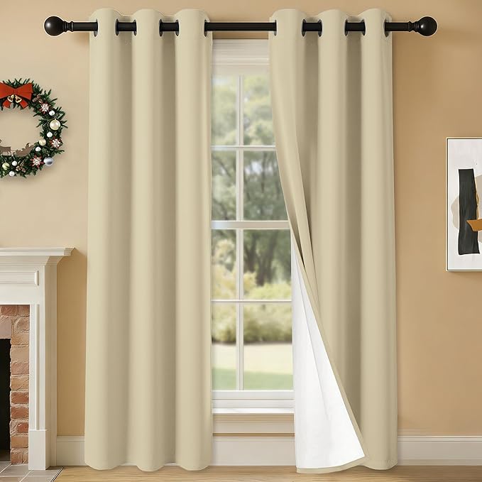 100% Blackout Curtains 72 Inch Length for Bedroom Living Room, Grommet Thermal Insulated Room Darkening Drapes, Light Blocking Window Treatment Decor, 2 Panels, 37x72, Beige
