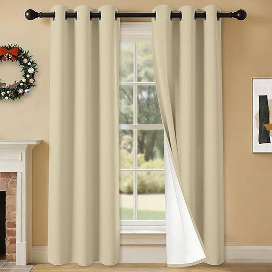 100% Blackout Curtains 72 Inch Length for Bedroom Living Room, Grommet Thermal Insulated Room Darkening Drapes, Light Blocking Window Treatment Decor, 2 Panels, 37x72, Beige
