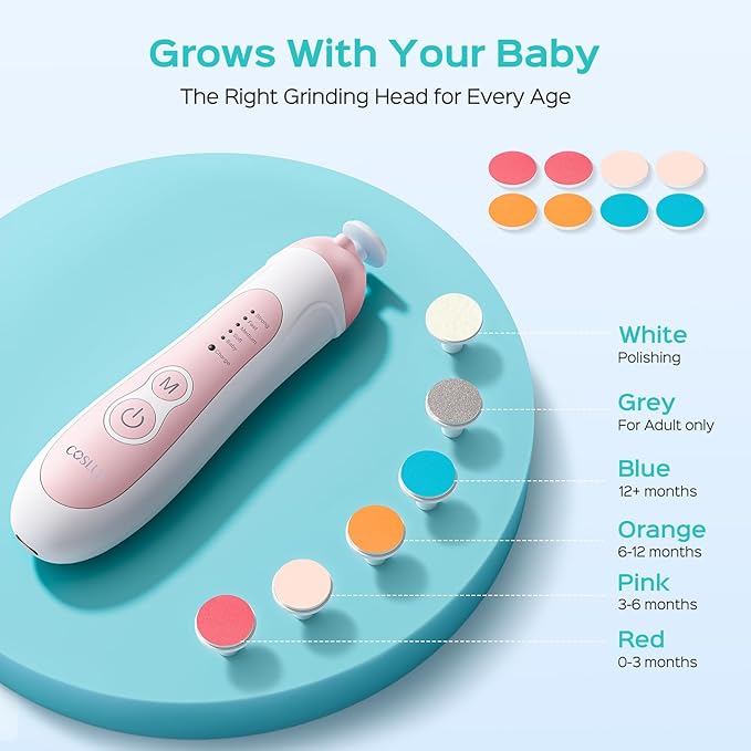 COSLUS Rechargeable Baby Nail File: Cordless Baby Nail Trimmer Electric with 5 Speeds & 6 Grinding Heads for Baby Kid, CPC Certified and Quiet Design - Safe for Sleep Trim Buffer, C52, Pink