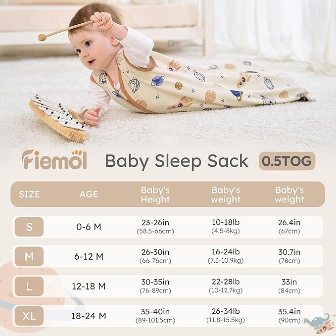 FIEMOL Baby Sleep Sack 12-18 months, 100% Cotton Sleeping Sack for Newborn and Infant, 3 Pack Baby Wearable Blanket for Boy and Girl, 0.5 Tog Lightweight Double Zipper Sleep Bag Coffee Dinosaur Planet