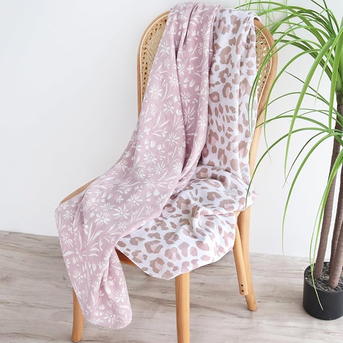 LifeTree Swaddle Blankets Baby Girl, 2-Pack Super Soft 70% Viscose Bamboo and 30% Cotton Muslin Swaddles Blankets (Large 47" x 47"), Mauve Floral & Blush Leopard Pattern, Newborn Baby Registry