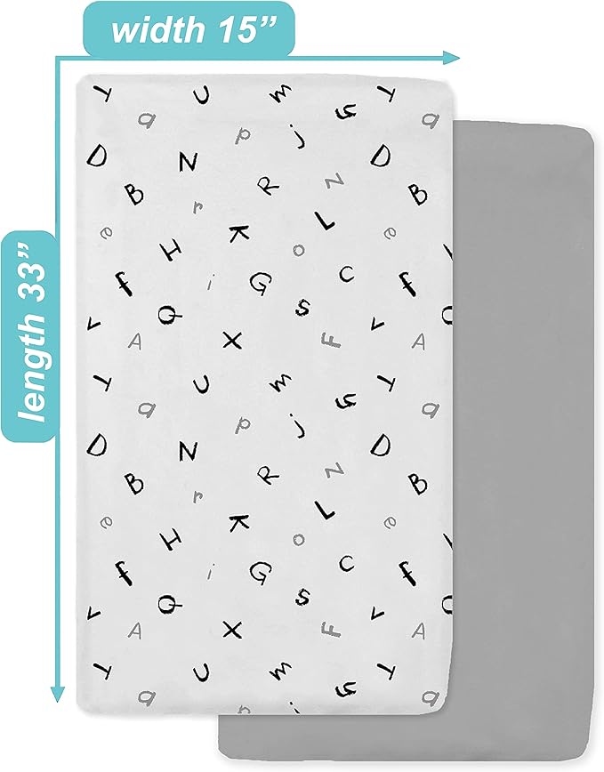 American Baby Company 15" x 33" Fitted Bassinet Sheet, 100% Natural Cotton Jersey Knit, Gray/Alphabet, Soft Breathable, for Boys and Girls, 15x33 Inch Pack of 2