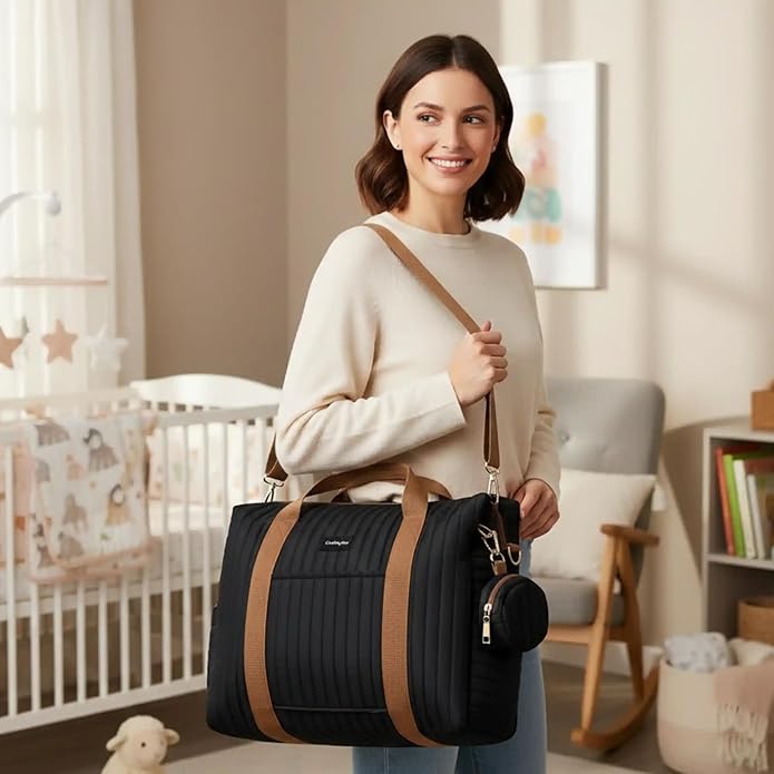 Diaper Bag Tote for Moms, Baby Hospital Bag with Insulated Bottle Pockets, Changing Pad & Stroller Straps