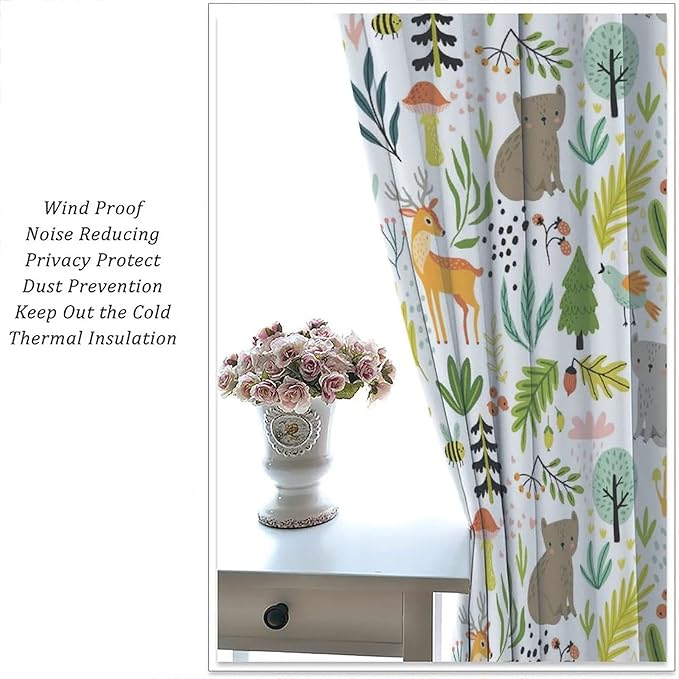 Kids Blackout Curtains ,Room Curtains Pattern Printing Forest with Wild Animals Plants Trees Interior Decoration 55x63inch(140x160cm)
