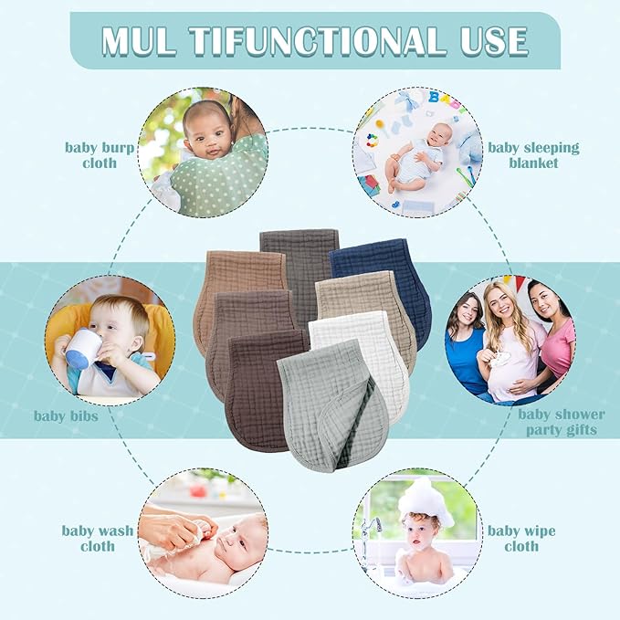 Frienda 8 Pack Muslin Burp Cloths for Baby Large 20 x 10 Inch Cotton Burp Rags for Spit up Drool Absorbent Soft Multicolor Wash Cloths Diapers for Newborn Girl Boy Essential Shower Gift(Dark Color)