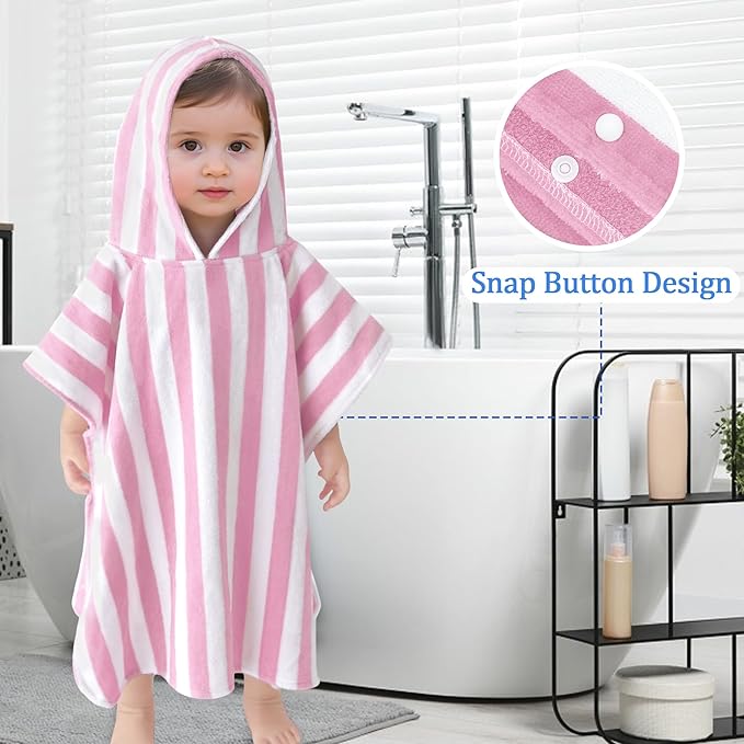 VOOVA & MOVAS Toddler Towels with Hood, Oversized (2-4Years,22"X22") Made from 100% Soft Cotton,Absorbent Hooded Poncho Towel for Baby Girls,Perfect for Pool | Swimming | Bath | Beach,Pink Stripe