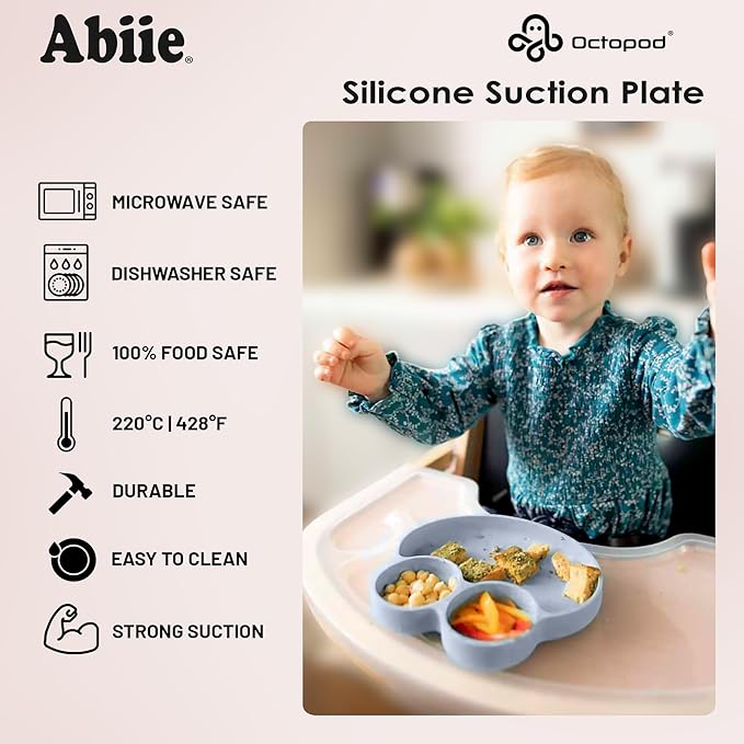 Abiie Octopod Frog Silicone Plates with Suction - Spill Proof, Easy to Clean - BPA-Free Bowl - Suction Plates for Baby and Toddler - Training & Feeding Divided Grip Dish (Gray)