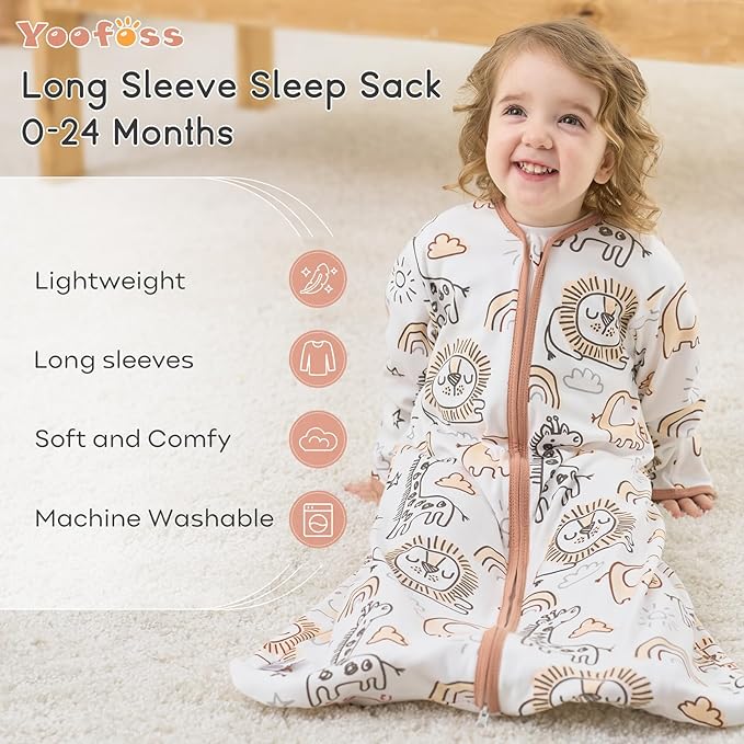 Yoofoss Baby Sleep Sack 18-24 Months Long Sleeve Wearable Blanket Baby 100% Cotton 2-Way Zipper 0.5 Tog Toddler Sleeping Sack, Lightweight(X-Large)