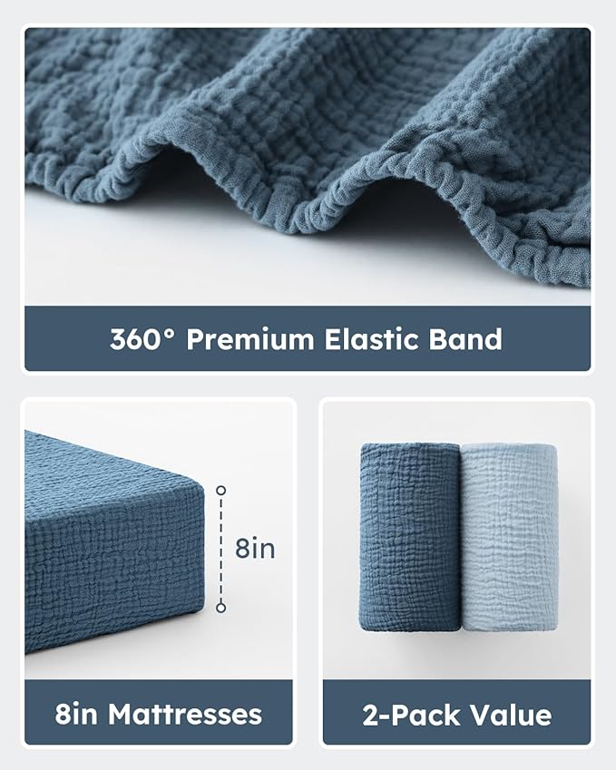 Muslin Crib Sheets for Boys Girls, 100% Cotton Fitted Crib Sheet 2 Pack for Standard Crib and Toddler Mattress, Breathable Soft Baby Sheet 28x52x8in Gradient Blue