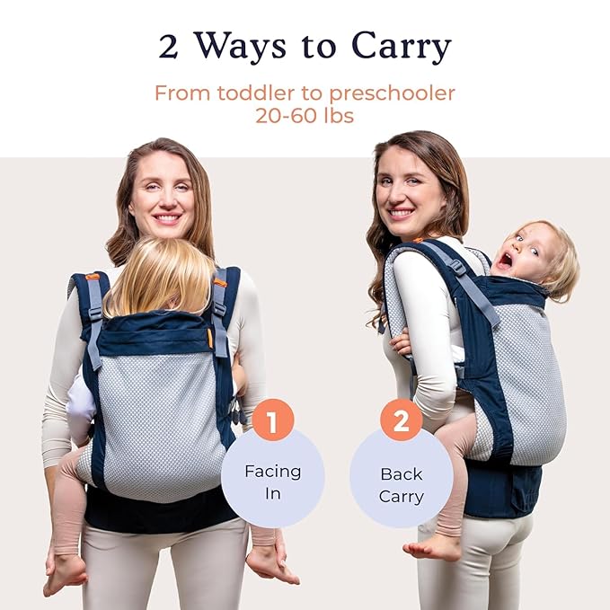 Beco Toddler Carrier (20-60 lbs) with Extra Wide Seat, 100% Cotton - Front-Carry & Backpack Style - Lightweight & Ergonomic Sling Carrier for Children from 18months - Navy
