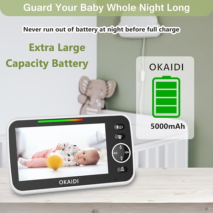 OKAIDI 5" HD Baby Monitor with Camera and Audio, 720P Display, 5000mAh Battery, Remote Pan-Tilt, 3X Zoom, Night Vision, 2-Way Talk, Temperature,Lullabies,1000ft Range Baby Monitor No WiFi