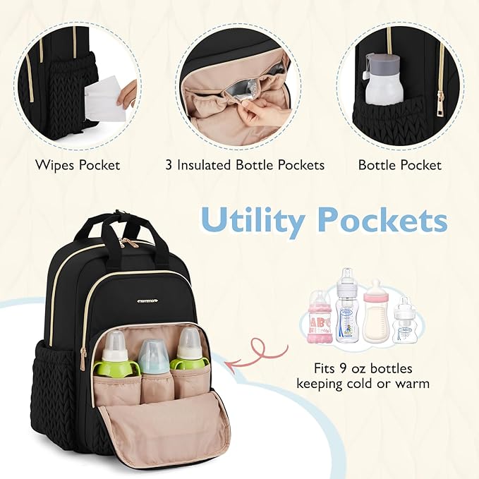 mommore Diaper Bag Backpack, Stylish Travel Baby Bag with Insulated Pockets, Changing Pad and Stroller Straps for Toddler (L-Brown Taupe, Large-27L)