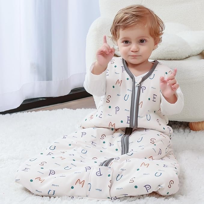Mosebears Sleep Sack Baby Winter Wearable Blanket with 2-Way Zipper,2.5 TOG Cotton Sleep Sack Unisex (Alphabet, 12-18 Months)