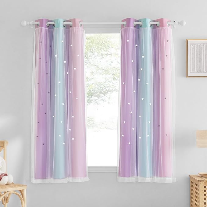 NICETOWN Curtains for Girls Bedroom Kids Hollow-Out Star Window 2 Layers Curtain 63 inches Length Room Darkening Grommet for Baby Nursery, 2 Panels, Blue & Purple & Pink, W34 x L63