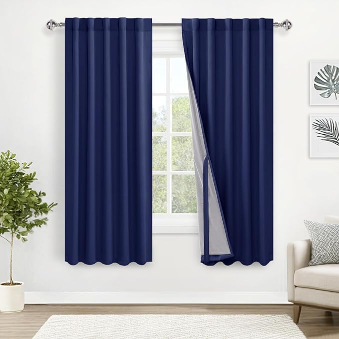 XWZO 100% Blackout Curtains 63 Inches Long with Tiebacks- 2 Layers Full Light Blocking with Black Liner Curtains for Bedroom/Living Room, Rod Pocket & Back Tab, Navy Blue, W42 x L63, Set of 2