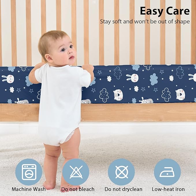 Baby Crib Sheets for Boys and Girls, 3 Pack Toddler Bed Sheets for 52”x28” Standard Toddler Mattresses, Soft Microfiber Fitted Crib Sheets Neutral Blue Cloud Animals