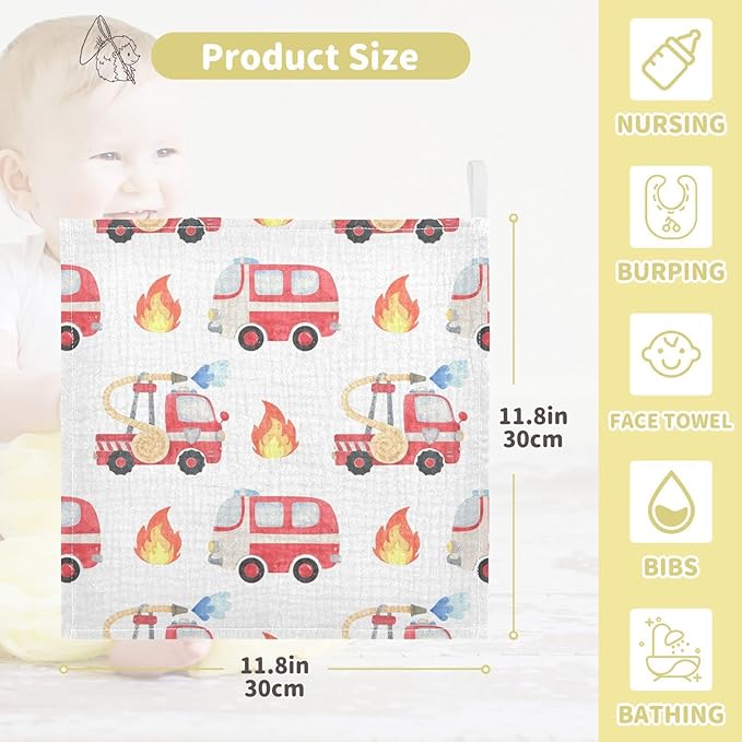 vvfelixl Fire Department Funny Cars Baby Burp Cloths, Baby Muslin Washcloths for Boys Girls, Cotton Baby Face Towel for Newborn Infants Soft and Absorbent 11.8 X 11.8 in, 5 Pack