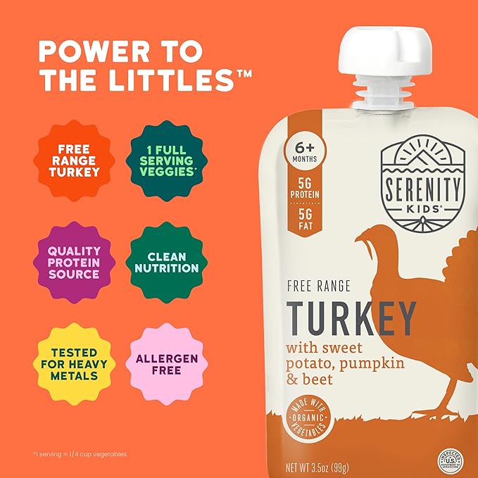 Serenity Kids 6+ Months Turkey Baby Food Pouches - No Added Sugar Pumpkin Puree - BPA-Free Baby Food Pouch for Toddler Snacks - 3.5 Oz, Pack of 12