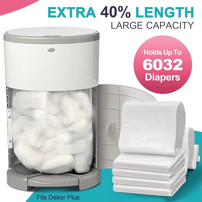 Refills Compatible with DEKOR Plus Diaper Pail Refill Bags| 8 Pack| Super Powerful Odor Eliminator Extra Thick Diaper Pail Bags| Each Holds up to 6032 Diapers| Fresh Lemon Scent| Easy to Replace