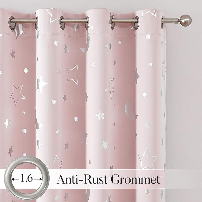 WUBODTI Pink Blackout Curtains Star Curtains for Girls Bedroom Kids Room Nursery 96 Inch Length, Cute Silver Star and Moon Patterned Space Theme Thermal Insulated Soundproof Curtain Drapes 2 Panels