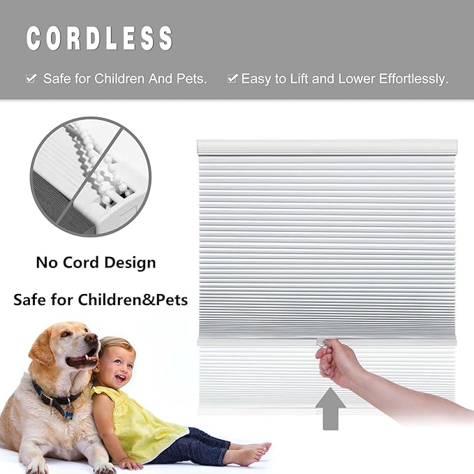 Changshade Blackout Cellular Window Shades Cordless, Honeycomb Blinds for Indoor Windows Room Darkening Black Out Thermal Insulated for Bedroom, Bathroom, Shade Size 34 Inch Wide 72 Inch High, White